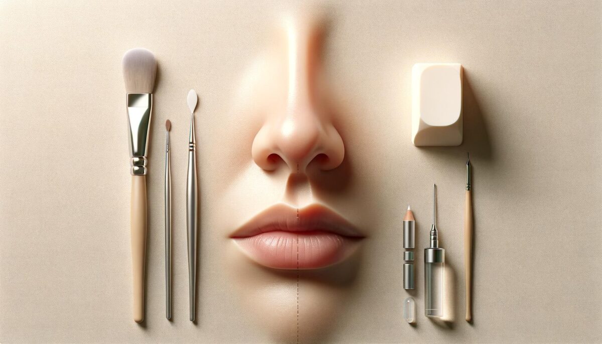 A symmetrical face surrounded by makeup brushes, a pencil, and tools on a beige background.