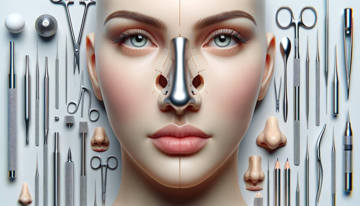 A symmetrical face covered with a metal nose piece, surrounded by surgical tools and miniature nose models.
