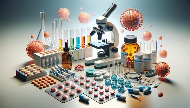 A microscope with various lab equipment, test tubes, pills, capsules, and virus models.