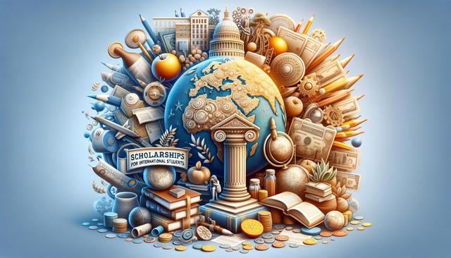 A globe surrounded by educational symbols like books, a pillar, and a banner stating "Scholarships for International Students," with various academic and financial items.