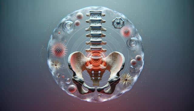 Abstract image of a spine and pelvis with concentric circles, surrounded by microscopic organisms.