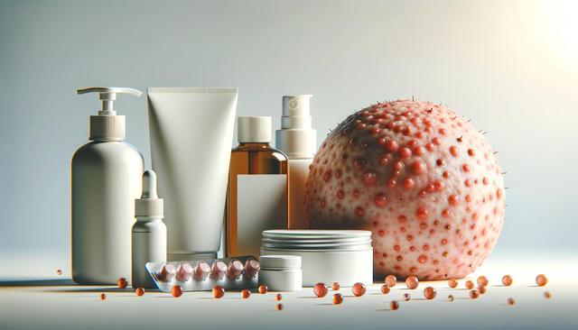 Assorted skincare bottles and pills beside a large, textured sphere resembling inflamed skin.