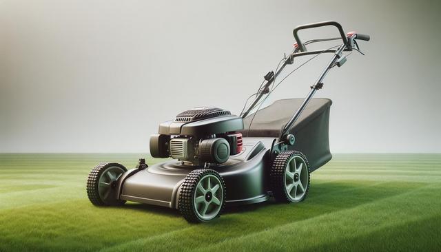 A lawn mower on neatly cut grass in a misty setting.