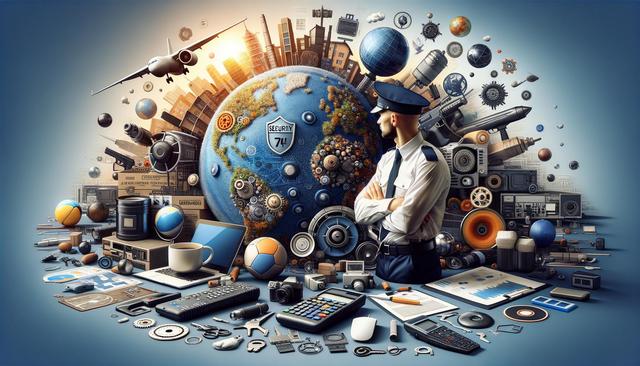 A uniformed security officer stands beside a large globe surrounded by technology items, gears, and an airplane, set against a cityscape.