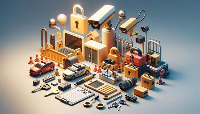 A 3D illustration featuring various security items like locks, cameras, keys, and vehicles.