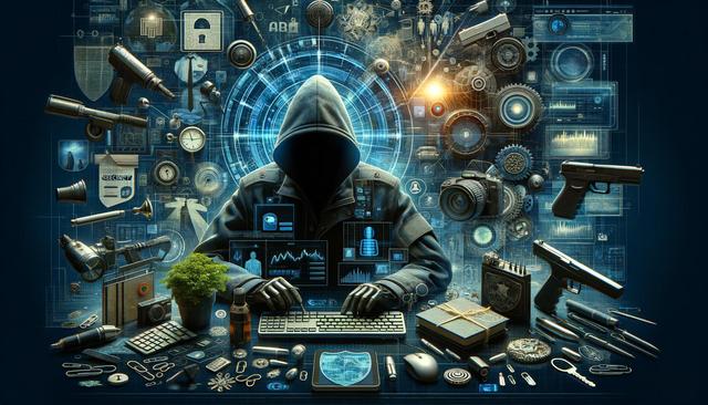Hooded figure typing on a keyboard surrounded by digital security symbols and technology items.