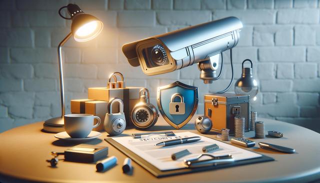 Table with security camera, locks, shield, document, coins, and lamp.