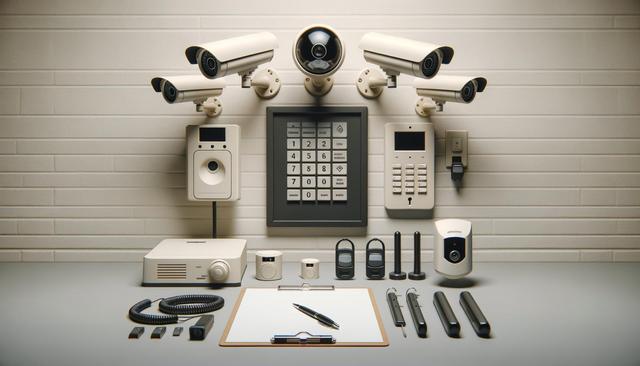 A collection of security equipment including cameras, a keypad, and various control devices arranged on a table.