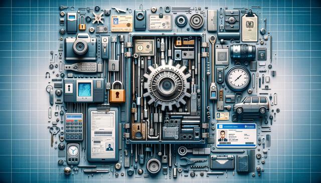 An intricate collage of surveillance and security gadgets, ID cards, cameras, and mechanical gears on a blue grid background.