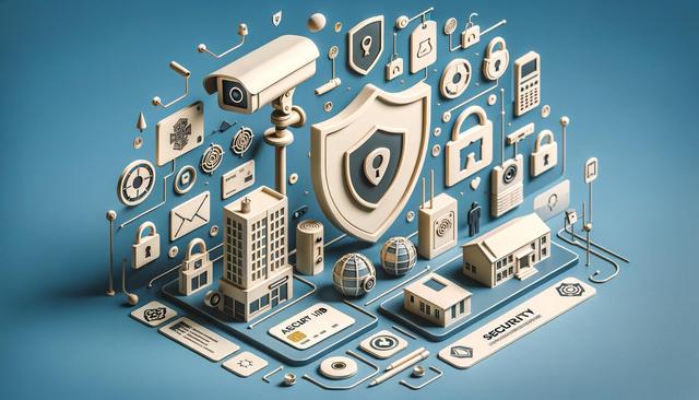 3D security icons like a shield, camera, lock, and buildings on a blue background.