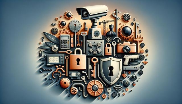 A collage of security-related items, including locks, cameras, keys, and gears, on a gradient background.