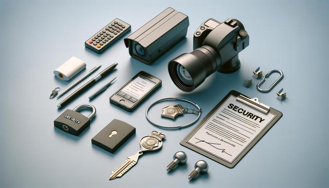 Various security-related items on a surface, including a camera, a padlock, a security badge, and a clipboard with a security document.