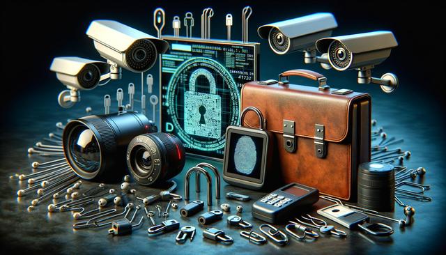Security-themed image with cameras, padlocks, a briefcase, fingerprint scanner, and digital lock icon.