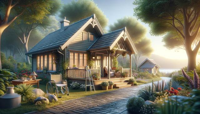 Quaint cottage with a porch, surrounded by lush greenery and colorful flowers, a path leads to a small shed.