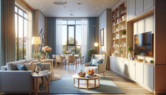Modern living room with soft lighting, large windows, cozy seating, and a dining area.