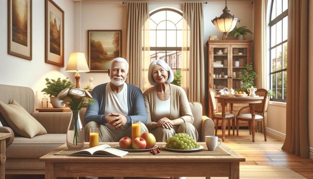 Elderly couple sitting on a couch in a cozy living room with fruit on a coffee table and a dining area in the background.