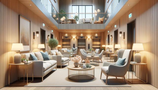 A modern, cozy lobby with sofas, armchairs, a round table, soft lighting, and plants.