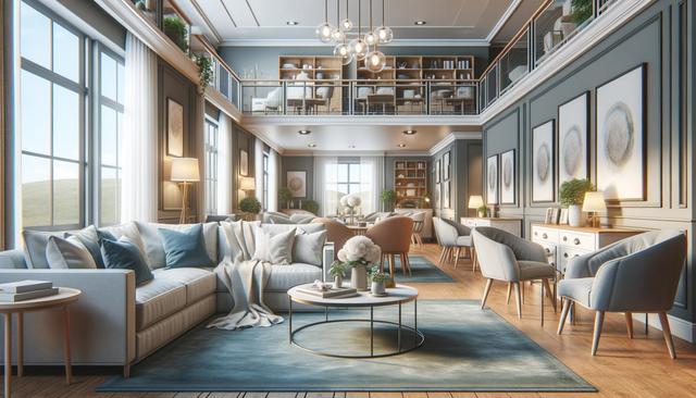 Spacious, elegant living room with high ceilings, large windows, a sectional sofa with cushions, a round coffee table, and a mezzanine library.