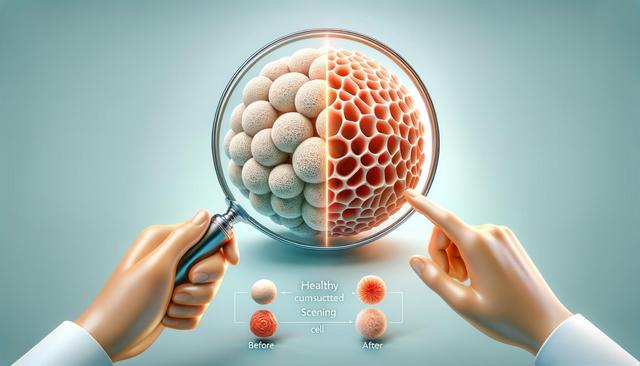 A magnifying glass splits a healthy cell into two textures: soft and porous on the left, hard and honeycombed on the right.