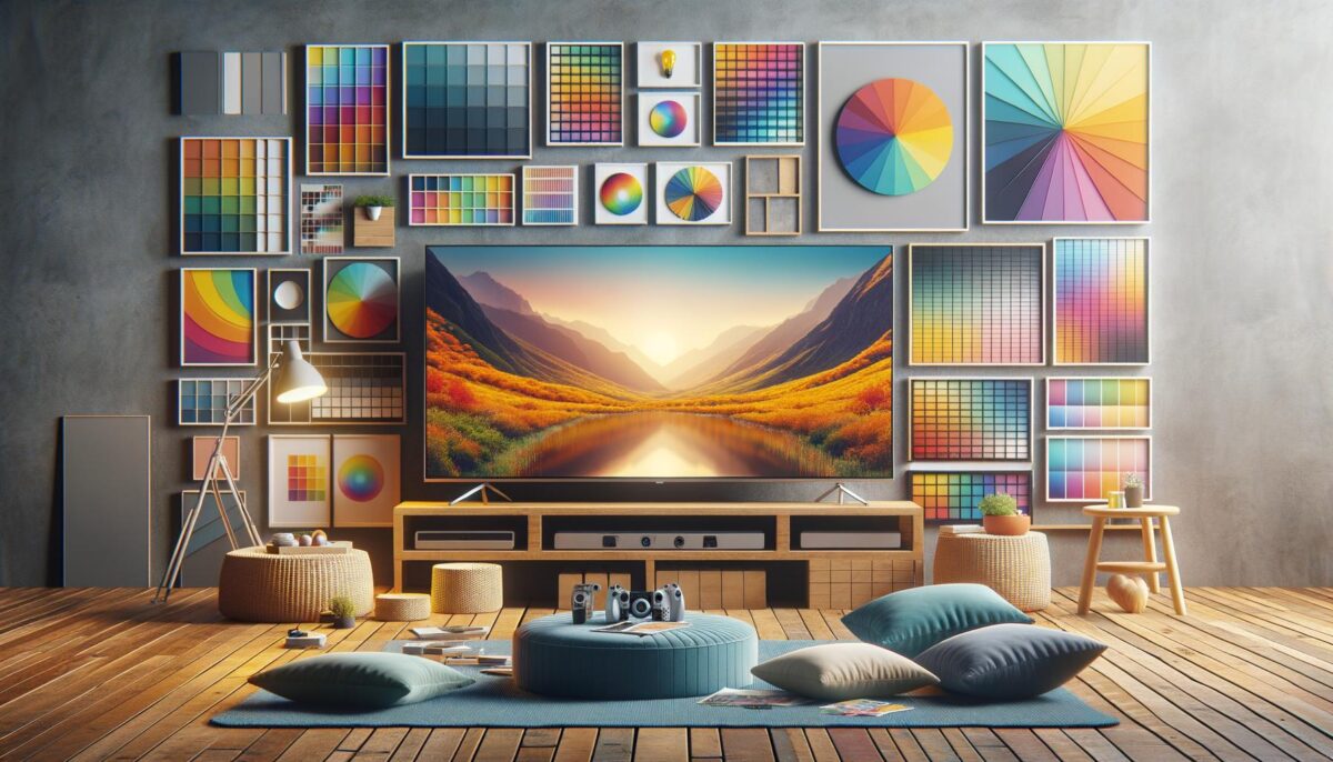 A cozy, colorful room with a large TV displaying a scenic sunset, surrounded by vibrant artwork and a mix of modern furniture.