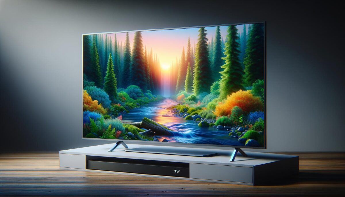 Television displaying a vibrant forest scene with a river and colorful sunset.