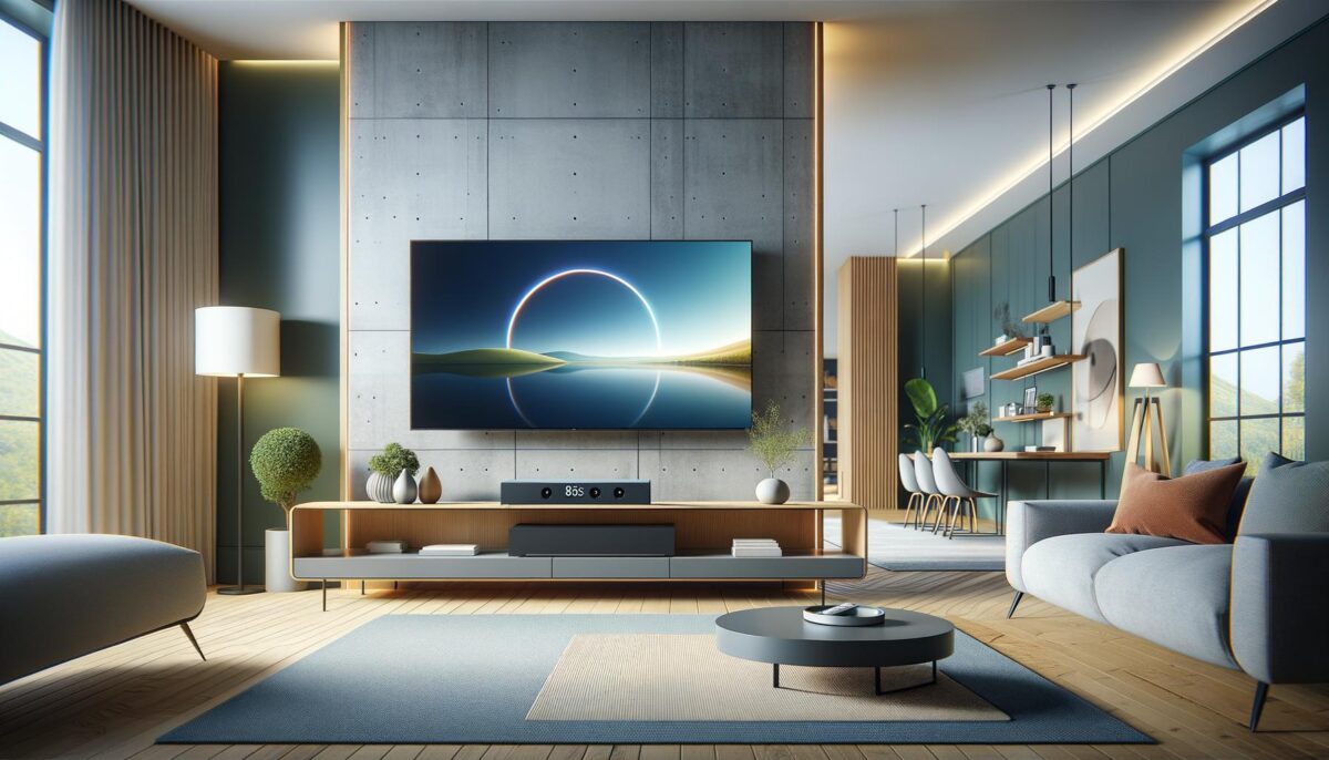 Modern living room with large TV, stylish furniture, and natural light from big windows.