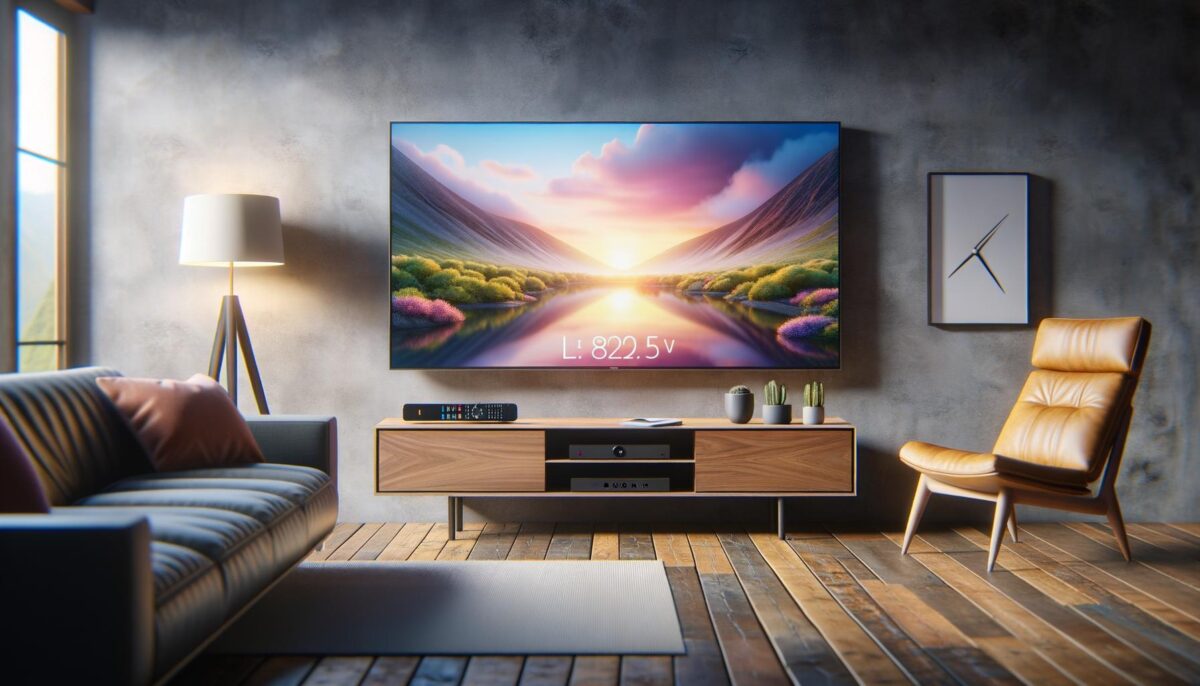 Modern living room with a large wall-mounted TV displaying a sunset landscape, wooden furniture, a leather chair, and soft lighting.