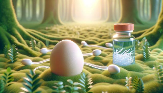 An egg and vial sit on a mossy forest floor with long-tailed objects around.