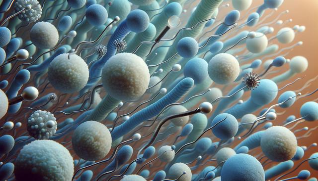 Abstract image of blue and white spherical shapes and wavy lines, resembling microscopic organisms or cells, on a soft focus background.