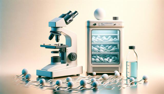 A microscope, incubator, and bottle surrounded by stylized sperm cells and eggs.