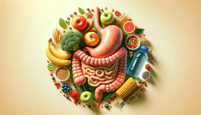 Human digestive system surrounded by fruits, vegetables, grains, and a water bottle on a beige background.