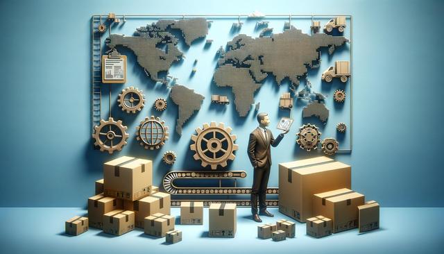 Map with logistics icons and gears, a businessman holding a tablet, and stacked cardboard boxes.