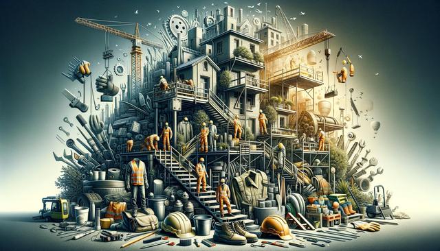 Surreal construction scene with workers, tools, and machinery blending into buildings.