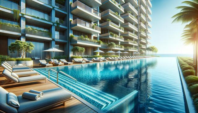 Luxurious apartment building with balconies overlooking an infinity pool, lined with sun loungers and palm trees, against a backdrop of the ocean and sunset.