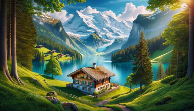 A cozy alpine house beside a serene lake, surrounded by green hills and tall, snowy mountains under a sunny sky.