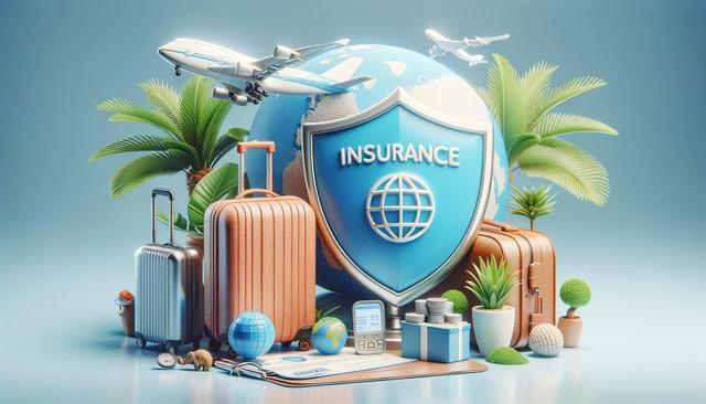 Travel-themed objects with a shield marked "Insurance," surrounded by luggage, plants, airplanes, and a globe.