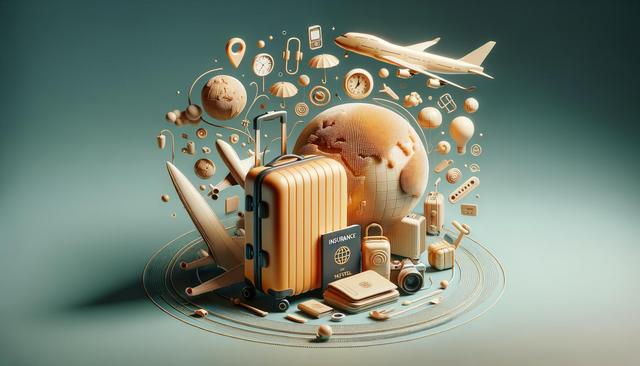 Travel-themed 3D illustration with suitcase, globe, airplane, and travel accessories on a teal background.