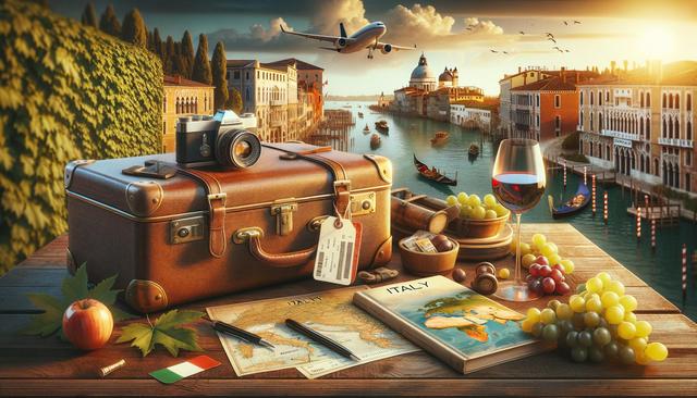 A vintage suitcase with a camera, surrounded by a map, grapes, and wine, overlooking a scenic canal with gondolas and a plane overhead.