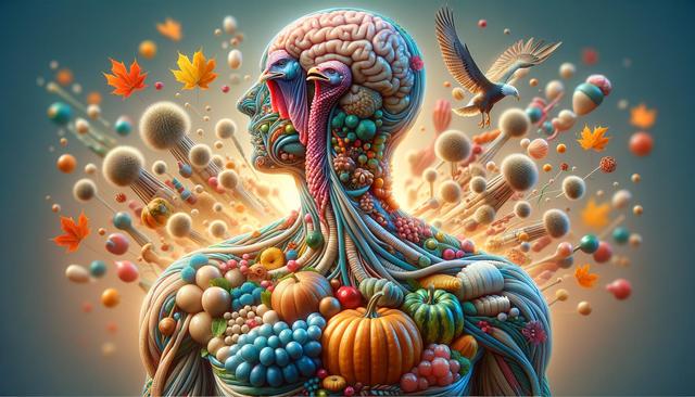 Surreal artwork of a human silhouette with a brain and turkeys, made of fruits, vegetables, autumn leaves, and floating spheres.