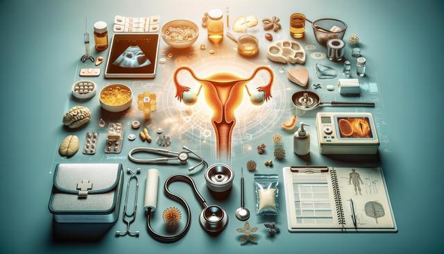 Illustration of a uterus surrounded by various medical tools, medications, and anatomy diagrams on a teal background.
