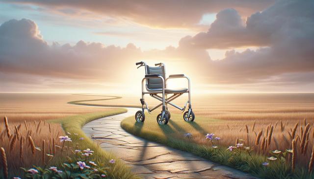 A wheelchair on a curved path through a wheat field at sunset.