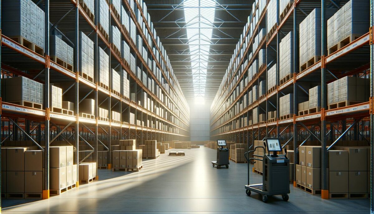 Sunlit warehouse aisle with tall shelves stacked with boxes, and two carts with screens.