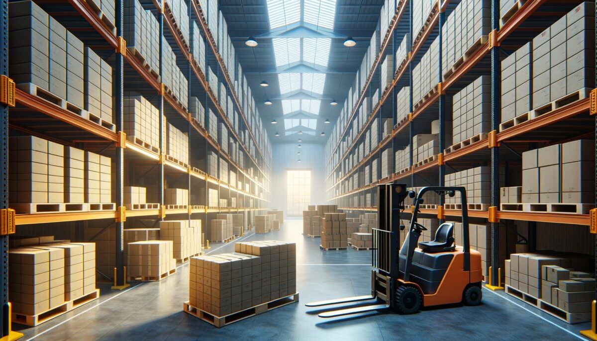 Spacious warehouse filled with stacked boxes on shelves, forklift in foreground.