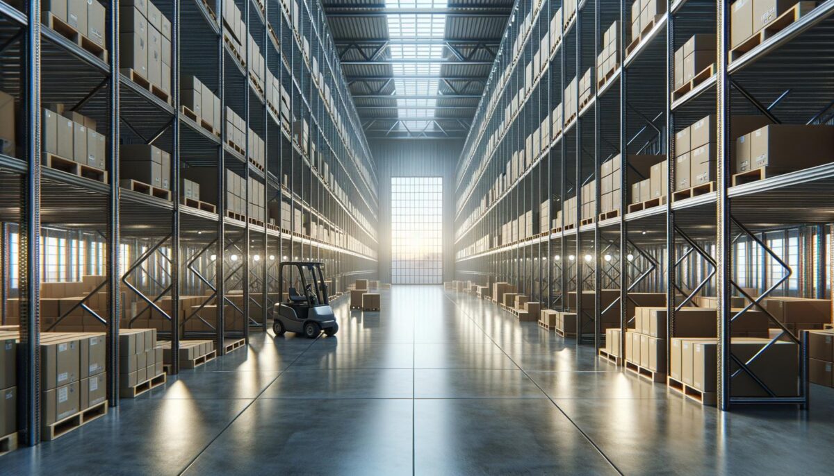 A modern warehouse with tall shelves stacked with boxes, a forklift is parked in the aisle.