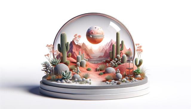 Miniature desert landscape in a glass dome, featuring cacti, colorful hills, and a hovering planet-like sphere.
