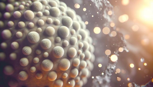 Close-up of a textured surface with numerous round, bumpy structures, glowing light in the background.