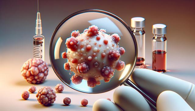 A magnifying glass focuses on a virus-like structure surrounded by a syringe and vials.