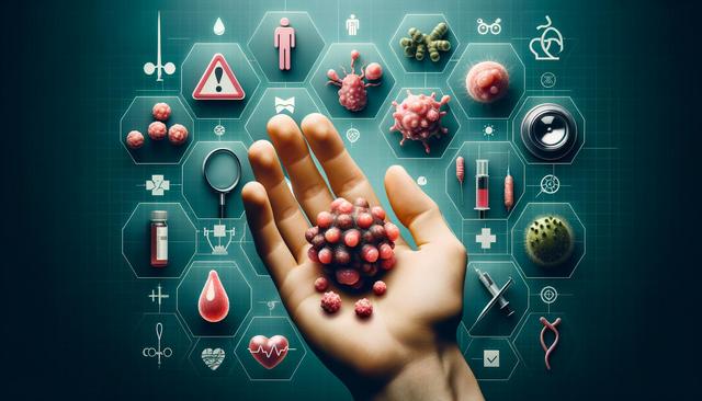 A hand holds a cluster of pink cells with medical icons in the background.