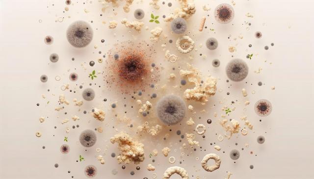A collection of colorful fungal spores and mold clusters scattered on a pale background.
