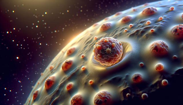 3D illustration of a close-up view of a cell surface with various textured spheres and glowing particles.